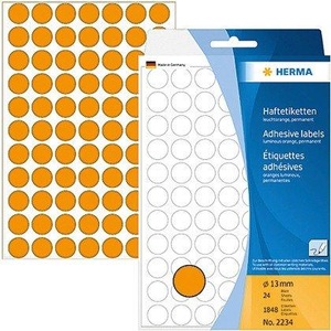 undefined, HERMA Vielzwecketiketten/Farbpunkte Ø 13 mm rund leuchtorange Papier matt Handbeschriftung 1848 St., HERMA Etiketten rund 13mm 2234 orange 1848 Stück