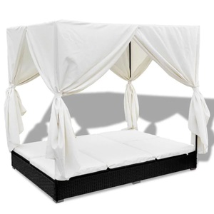 Diverse Hardware, Outdoor-Loungebett mit Vorhang Poly Rattan Schwarz, vidaXL Outdoor-Loungebett mit Vorhang Poly Rattan Schwarz