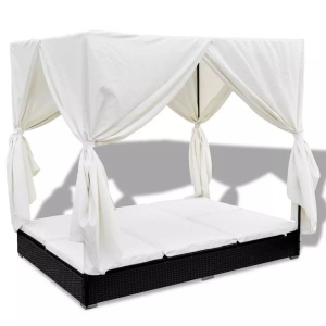 Diverse Hardware, Outdoor-Loungebett mit Vorhang Poly Rattan Schwarz, vidaXL Outdoor-Loungebett mit Vorhang Poly Rattan Schwarz