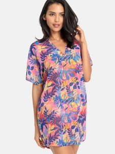 VIVANCE, Vivance Chiffontunika, mit Blätterdruck, Vivance Chiffontunika, mit Blätterdruck, Blusenkleid, Strandmode, sommerlich