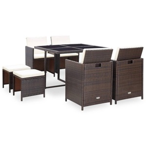 Diverse Hardware, 9-tlg. Garten-Essgruppe mit Auflagen Poly Rattan Braun
