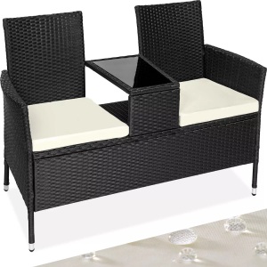 TecTake, Rattan Gartensitzbank mit Tisch Rattan Gartensitzbank mit Tisch, Tectake - Rattan Gartensitzbank mit Tisch, 2 Stück, Schwarz Leicht