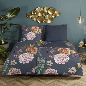 Descanso, Descanso Bettwäsche-Set PARMA 155x220 cm Anthrazit, Descanso Wendebettwäsche »Parma«, Baumwolle, Satin, 135x200, Biese, Reissverschluss, Wendeoptik, Blumen