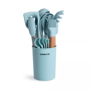 Create, KÜCHENUTENSILIEN-SET AUS SILIKON UND HOLZ pastellblau, CREATE - KÜCHENUTENSILIEN-SET AUS SILIKON UND HOLZ pastell, One Size, Azurblau