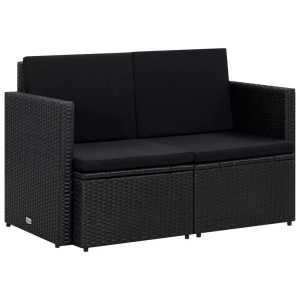 Diverse Hardware, 2-Sitzer-Gartensofa mit Auflagen Schwarz Poly Rattan