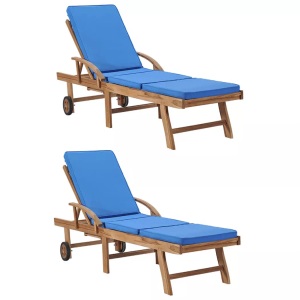Diverse Hardware, Sonnenliegen mit Auflagen 2 Stk. Massivholz Teak Blau