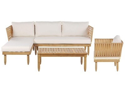 Beliani, Beliani Lounge Set Akazienholz 4-Sitzer Auflagen rechtseitig cremeweiss CREMONA, Beliani - Ecksofa aus Akazienholz Boho CREMONA, One Size, Schneeweiss