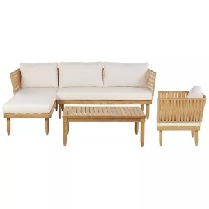 Beliani, Beliani Lounge Set Akazienholz 4-Sitzer Auflagen rechtseitig cremeweiss CREMONA, Beliani - Ecksofa aus Akazienholz Boho CREMONA, One Size, Schneeweiss