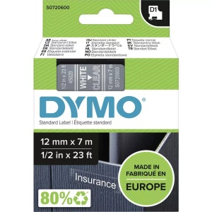 Dymo, Schriftband DYMO D1 45020 Bandfarbe: Transparent Schriftfarbe:Weiß 12 mm 7 m, Dymo Schriftband D1, weiss/transparent, 12mm, 7m, S0720600