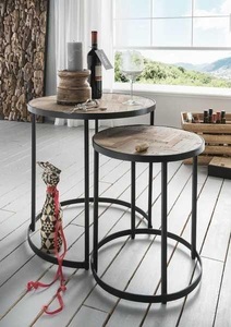 mutoni vintage, Couchtisch Happy II Teak Grau Metall Schwarz 54x60 (2er-Set), Couchtisch Happy II Teak Grau Metall Schwarz 54x60 (2er-Set)