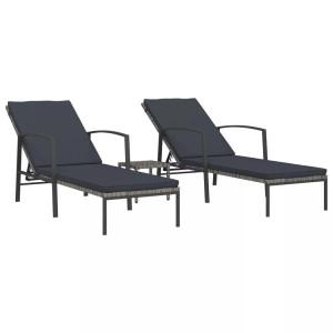 vidaXL, vidaXL Sonnenliegen 2 Stk. mit Tisch Poly Rattan Grau, vidaXL Sonnenliegen 2 Stk. mit Tisch Poly Rattan Grau