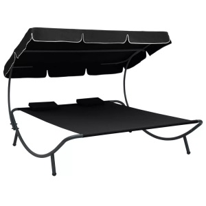 vidaXL, vidaXL Garten-Sonnenliege mit Sonnendach und Kissen Schwarz, vidaXL Sonnenliege mit Sonnendach und Kissen Schwarz
