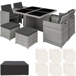 TecTake, Aluminium Rattan Sitzgruppe Manhattan 4+4+1 mit Schutzhülle Aluminium Rattan Sitzgruppe Manhattan 4+4+1 mit Schutzhülle, Tectake - Aluminium Rattan Sitzgruppe Manhattan 4+4+1 mit Schutzhülle, 9 Stück, Perlgrau