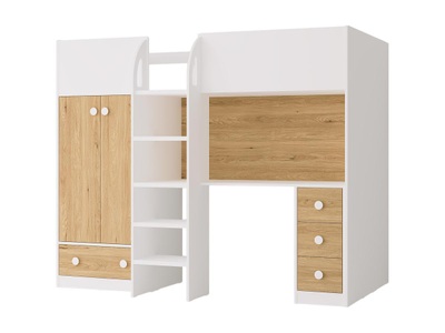 Vente-unique, Hochbett Mit Kleiderschrank & Schreibtisch - 90 X 190 Cm - Weiß & Holzfarben - Cinamo Unisex Beige 90X190CM