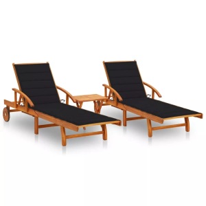 vidaXL, vidaXL Sonnenliegen 2 Stk. mit Tisch und Auflagen Massivholz Akazie