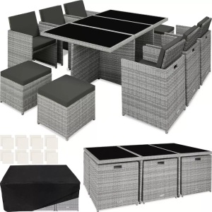TecTake, Aluminium Rattan Sitzgruppe New York 6+4+1 mit Schutzhülle Aluminium Rattan Sitzgruppe New York 6+4+1 mit Schutzhülle, Tectake - Aluminium Rattan Sitzgruppe New York 6+4+1 mit Schutzhülle, One Size, Perlgrau