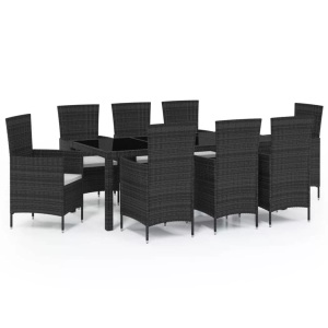 vidaXL, vidaXL 9-tlg. Garten-Essgruppe mit Kissen Poly Rattan Schwarz, vidaXL 9-tlg. Garten-Essgruppe mit Kissen Poly Rattan Schwarz
