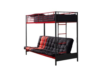 Vente-unique, Hochbett mit Schlafsofa mit Futonmatratze - 90 x 190 cm - Metall - Rot & Schwarz - MODULO V Hochbett mit Schlafsofa mit Futonmatratze - 90 x 190 cm - Metall - Rot & Schwarz - MODULO V, 