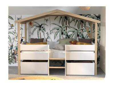 Vente-unique, Kinderbett Hausbett mit Schubladen Lindenholz Eiche SAROSI Kinderbett Hausbett mit Schubladen Lindenholz Eiche SAROSI, 