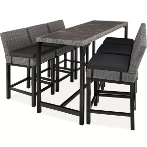 TecTake, Rattan Bartisch Lovas mit 6 Stühlen Latina Rattan Bartisch Lovas mit 6 Stühlen Latina, Tectake - Rattan Bartisch Lovas mit 6 Stühlen Latina, 7 Stück, Grau