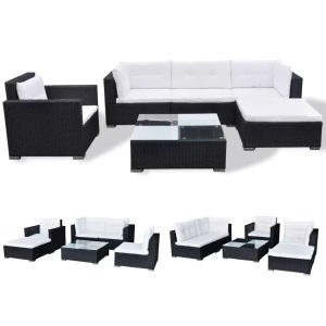 Diverse Hardware, 6-tlg. Garten-Lounge-Set mit Auflagen Poly Rattan Schwarz