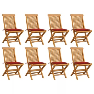vidaXL, vidaXL Gartenstühle mit Roten Kissen 8 Stk. Massivholz Teak, vidaXL Gartenstühle mit Roten Kissen 8 Stk. Massivholz Teak