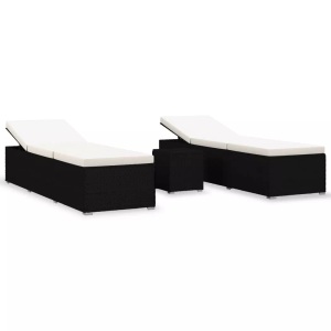 vidaXL, vidaXL 3-tlg. Garten-Sonnenliegen mit Teetisch Poly Rattan Schwarz, VidaXL - Sonnenliege poly-rattan, One Size, Schwarz