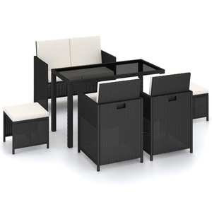 Diverse Hardware, 6-tlg. Garten-Essgruppe mit Auflagen Poly Rattan Schwarz