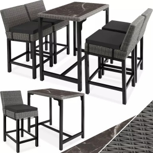 TecTake, Rattan Bartisch Kutina mit 4 Stühlen Latina Rattan Bartisch Kutina mit 4 Stühlen Latina, Tectake - Rattan Bartisch Kutina mit 4 Stühlen Latina, 5 Stücke, Grau