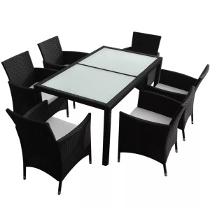 Diverse Hardware, 7-tlg. Garten-Essgruppe mit Auflagen Poly Rattan Schwarz