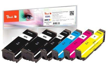 Peach, Peach - 33XL Multipack (c,m,y Tinte), Peach E33 6 Druckerpatronen XL (2*bk, bkph, c/m/y) ersetzt Epson T3357, No. 33XL, C13T33574010 für z.B. Epson Expression Premium XP -530