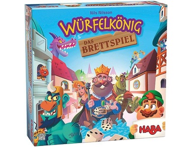 undefined, Würfelkönig - Das Brettspiel (Spiel) - 2 Spielplanteile, 30 Burgplättchen, 60 Bürgerkarten, 4 Übersichtskarten, 18 weiße Edelsteine, 6 goldene Edelsteine, 6 Würfel, 15 Drachenfeuer, 64 Spielermarker, 1 Spielanleitung., HABA - Würfelkönig - Das Brettspiel
