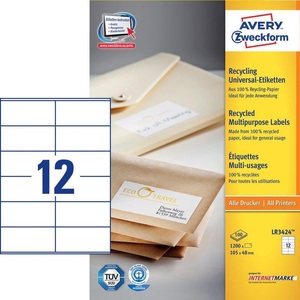undefined, Avery LR3424 selbstklebende Etikette, Avery® Zweckform Etiketten LR3424, A4, universell, permanenthaftend, druckergeeignet, Recycling-Papier, rechteckig, naturweiss, 1200 Stück auf 100 Bogen