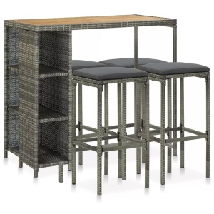 vidaXL, vidaXL 5-tlg. Gartenbar-Set mit Kissen Poly Rattan Grau, vidaXL 5-tlg. Gartenbar-Set mit Kissen Poly Rattan Grau