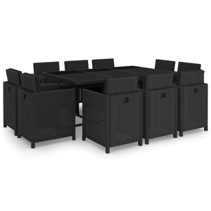 Diverse Hardware, 11-tlg. Garten-Essgruppe mit Auflagen Poly Rattan Schwarz