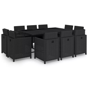 Diverse Hardware, 11-tlg. Garten-Essgruppe mit Auflagen Poly Rattan Schwarz
