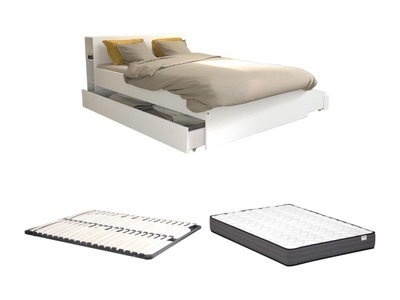 Vente-unique, Bett mit Kopfteil, Stauraum und Schubladen - 160 x 200 cm - Weiß + Lattenrost + Matratze- EUGENE Bett mit Kopfteil, Stauraum und Schubladen - 160 x 200 cm - Weiß + Lattenrost + Matratze- EUGENE, 