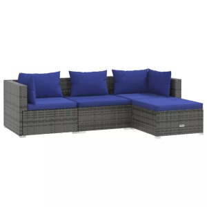 vidaXL, vidaXL 4-tlg. Garten-Lounge-Set mit Kissen Poly Rattan Grau, vidaXL 4-tlg. Garten-Lounge-Set mit Kissen Poly Rattan Grau