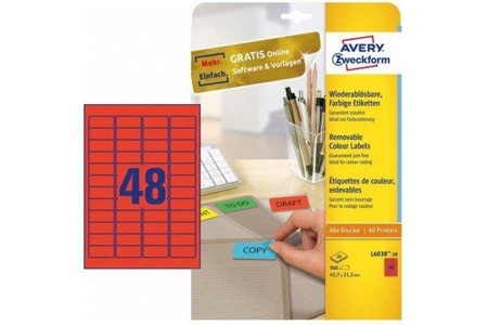 undefined, Avery Farbige Etiketten, rot, 45,7 x 21,2 mm, wiederablösbar, Avery Zweckform Universal-Etiketten non-permanent Rot, 20 Blatt