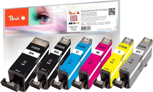 Peach, Peach Spar Pack Tintenpatronen kompatibel zu Canon PGI-525, CLI-526, Peach C525 6 Druckerpatronen XL (bk, bkph, c/m/y/gy) ersetzt Canon PGI-525, CLI-526, 4541B006 für z.B. Canon Pixma MG 5150, Canon Pixma MG 5250