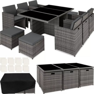 TecTake, Aluminium Rattan Sitzgruppe New York 6+4+1 mit Schutzhülle Aluminium Rattan Sitzgruppe New York 6+4+1 mit Schutzhülle, Tectake - Aluminium Rattan Sitzgruppe New York 6+4+1 mit Schutzhülle, One Size, Grau
