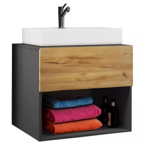 Livetastic, Livetastic Waschtischkombi 60 cm , 2Tlg-Lendas , Anthrazit, Eichefarben , Holzwerkstoff , 1 Schubladen , 60 cm , melaminharzbeschichtet,melaminharzbeschichtet,Nachbildung,Nachbildung , hängend , 000657014457, VCM - 2-tlg. Badmöbel, One Size, Schwarz Leicht
