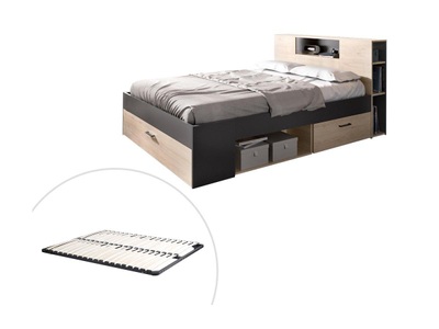 Vente-unique, Bett mit Stauraum & Schubladen + Lattenrost - 140 x 190 cm - Naturfarben & Anthrazit - LEANDRE Bett mit Stauraum & Schubladen + Lattenrost - 140 x 190 cm - Naturfarben & Anthrazit - LEANDRE