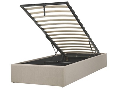 Beliani, Beliani Polsterbett Leinenoptik beige mit Bettkasten hochklappbar 90 x 200 cm DINAN, Beliani - Bett mit Lattenrost aus Polyester Klassisch DINAN, 90x200 cm, Perle