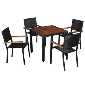 Diverse Hardware, 5-tlg. Garten-Essgruppe Poly Rattan Akazie Massivholz Schwarz