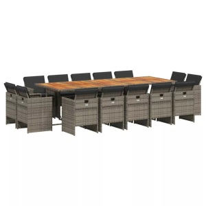 vidaXL, vidaXL 15-tlg. Garten-Essgruppe mit Kissen Grau Poly Rattan