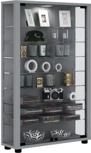 VCM, Holz Glas Vitrine Sammelvitrine Glasvitrine Schaukasten Standvitrine Lumo Mini Holz Glas Vitrine Sammelvitrine Glasvitrine Schaukasten Standvitrine Lumo Mini, VCM - Glasvitrine stehend | Vitrine Glas mit ESG-Sicherheitsglas Maße ca. H. 90 x B. 59 T. 18 cm Standvitrine Modern und platzsparend Glas, 59cm, Silber