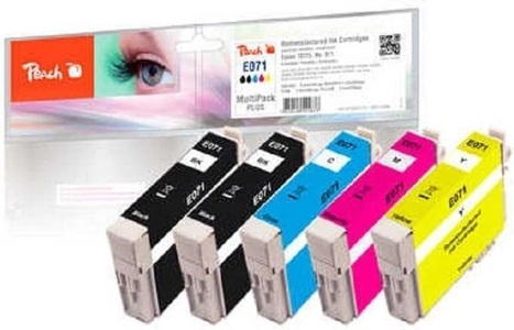 Peach, Peach Spar Pack Plus Tintenpatronen kompatibel zu Epson T071 (2xT0711, T0712, T0713, T0714), Peach E715 5 Druckerpatronen XL (2*bk, c/m/y) ersetzt Epson T0715, C13T07154010 für z.B. Epson Stylus DX 4400, Epson Stylus D 120, Epson Stylus D 78