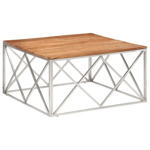 vidaXL, vidaXL Couchtisch Silbern Edelstahl und Massivholz Akazie, vidaXL Couchtisch Silbern Edelstahl und Massivholz Akazie