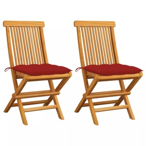 vidaXL, vidaXL Gartenstühle mit Roten Kissen 2 Stk. Massivholz Teak, vidaXL Gartenstühle mit Roten Kissen 2 Stk. Massivholz Teak